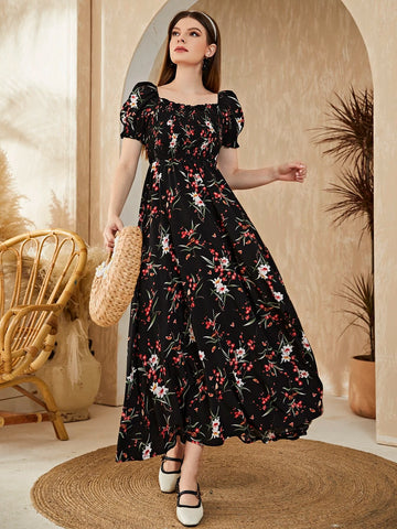 Floral Square Neck Shirred A-line Dress