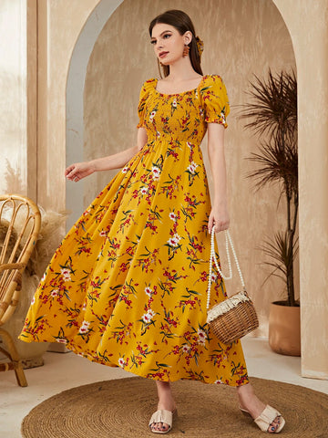 Floral Square Neck Shirred A-line Dress
