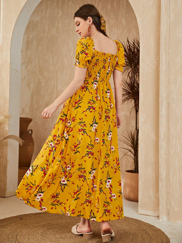 Floral Square Neck Shirred A-line Dress