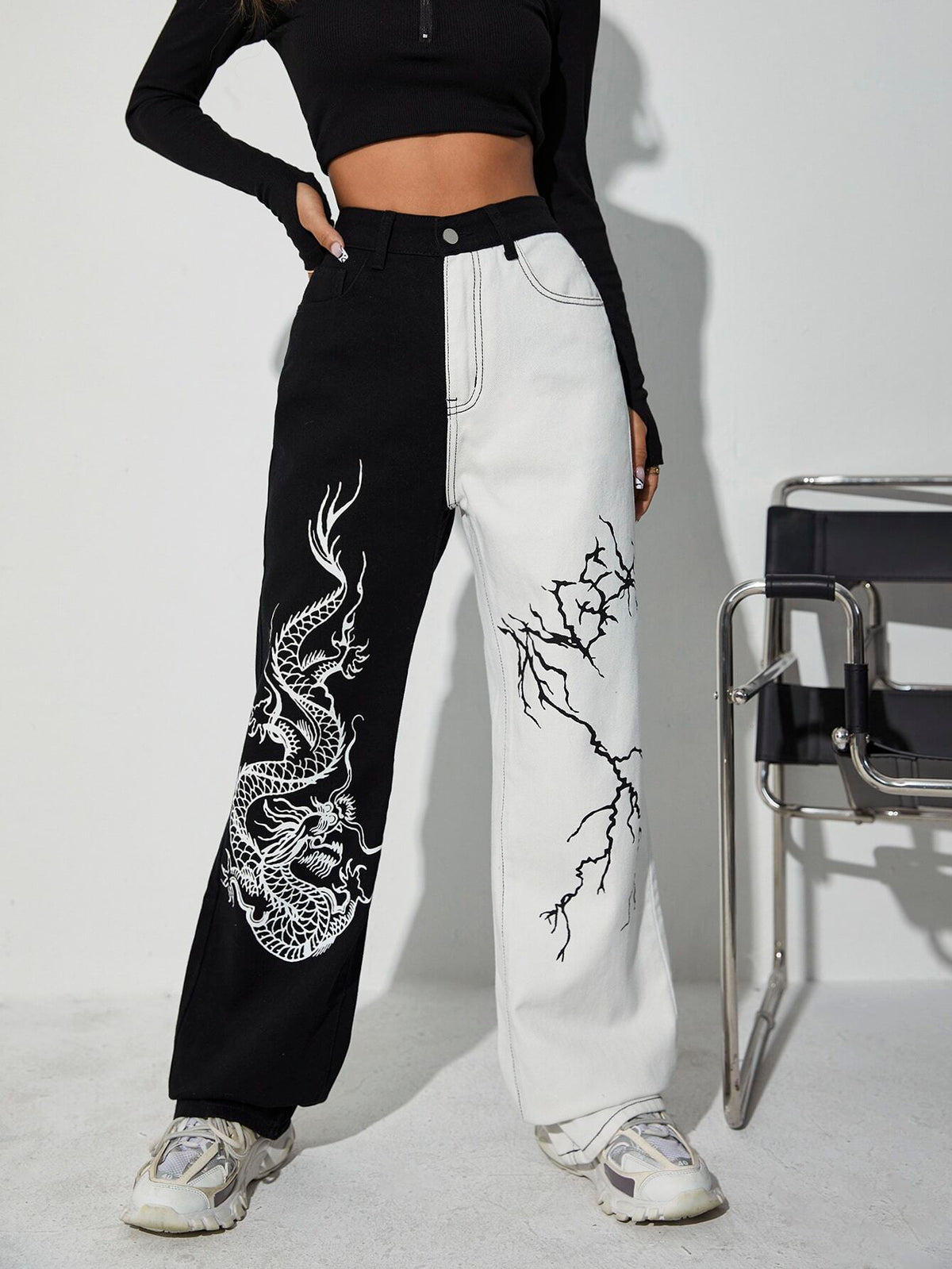 Chinese Dragon & Lightning Print Wide Leg Jeans