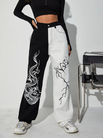 Chinese Dragon & Lightning Print Wide Leg Jeans