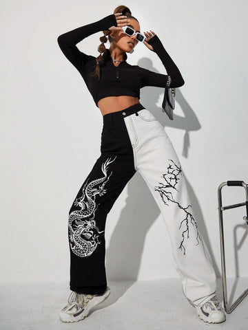 Chinese Dragon & Lightning Print Wide Leg Jeans