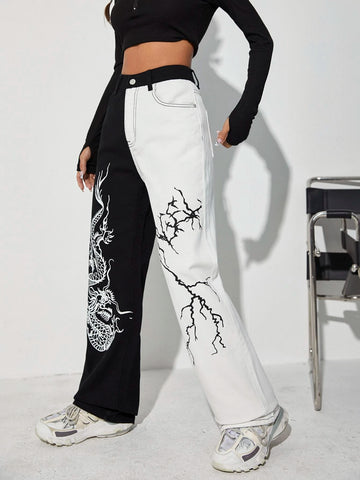 Chinese Dragon & Lightning Print Wide Leg Jeans