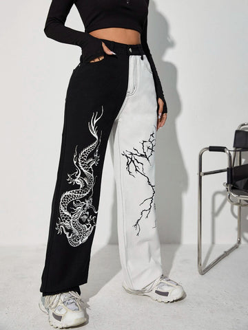 Chinese Dragon & Lightning Print Wide Leg Jeans