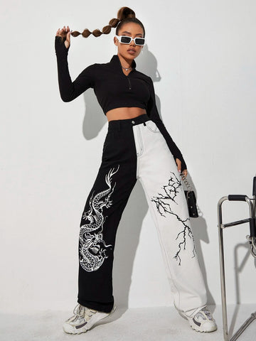 Chinese Dragon & Lightning Print Wide Leg Jeans