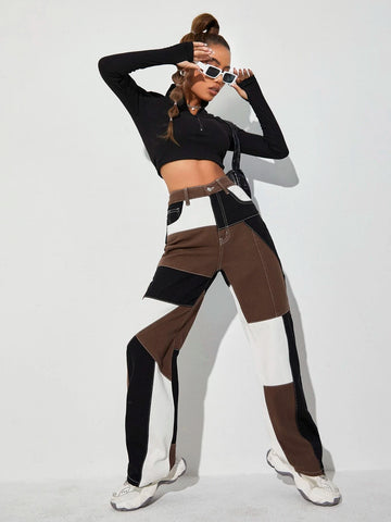 High Waist Cut And Sew Jeans