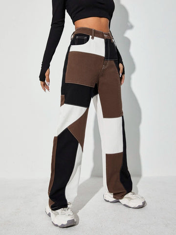 High Waist Cut And Sew Jeans