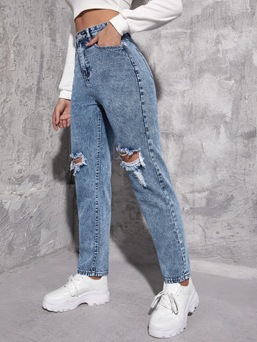High Waist Ripped Mom Jeans