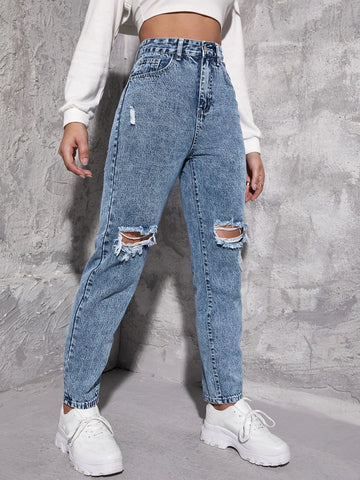 High Waist Ripped Mom Jeans