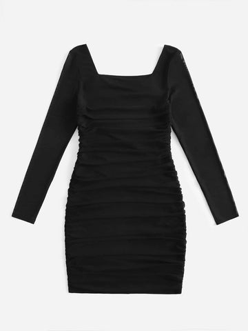Teen Girls Square Neck Ruched Side Fitted Dress