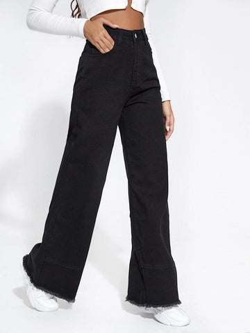 High Waist Raw Hem Wide Jeans