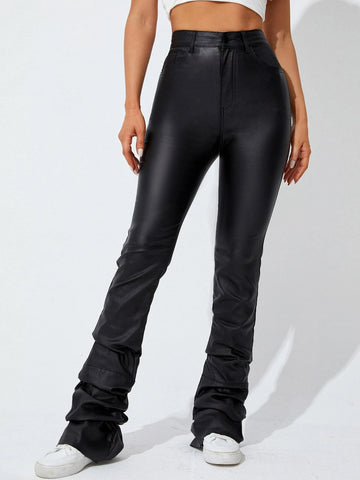 Leather Look High Waist Stacked Jeans