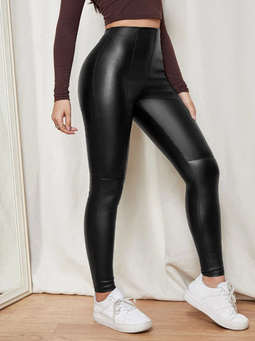 High Waisted Leather Look Skinny Jeans