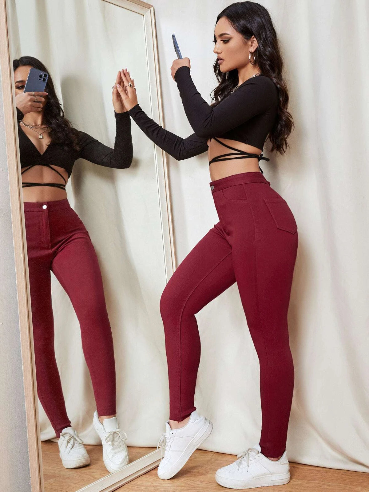 High Waist Raw Hem Skinny Jeans