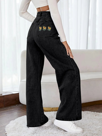 High Waist Wide Leg Floral Embroidery Jeans