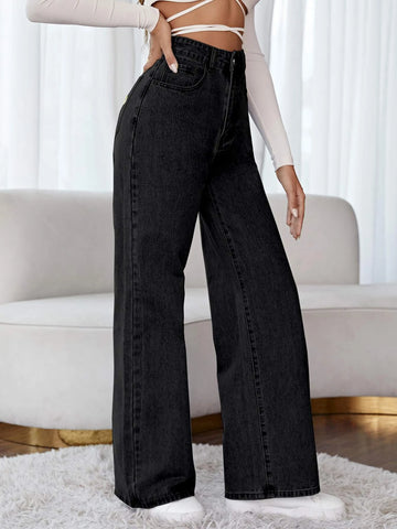 High Waist Wide Leg Floral Embroidery Jeans