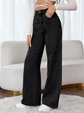 High Waist Wide Leg Floral Embroidery Jeans