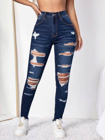 High Waist Ripped Raw Hem Jeans