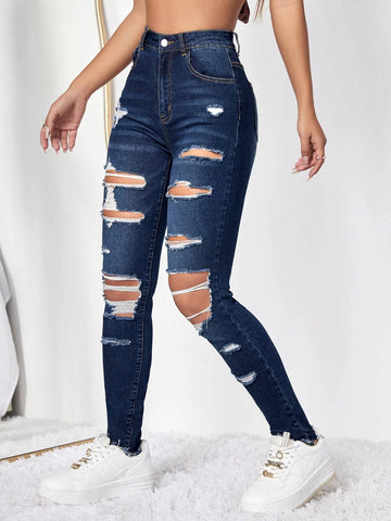 High Waist Ripped Moustache Effect Skinny Jeans