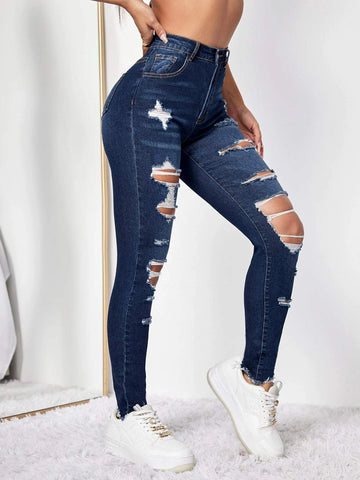 High Waist Ripped Moustache Effect Skinny Jeans