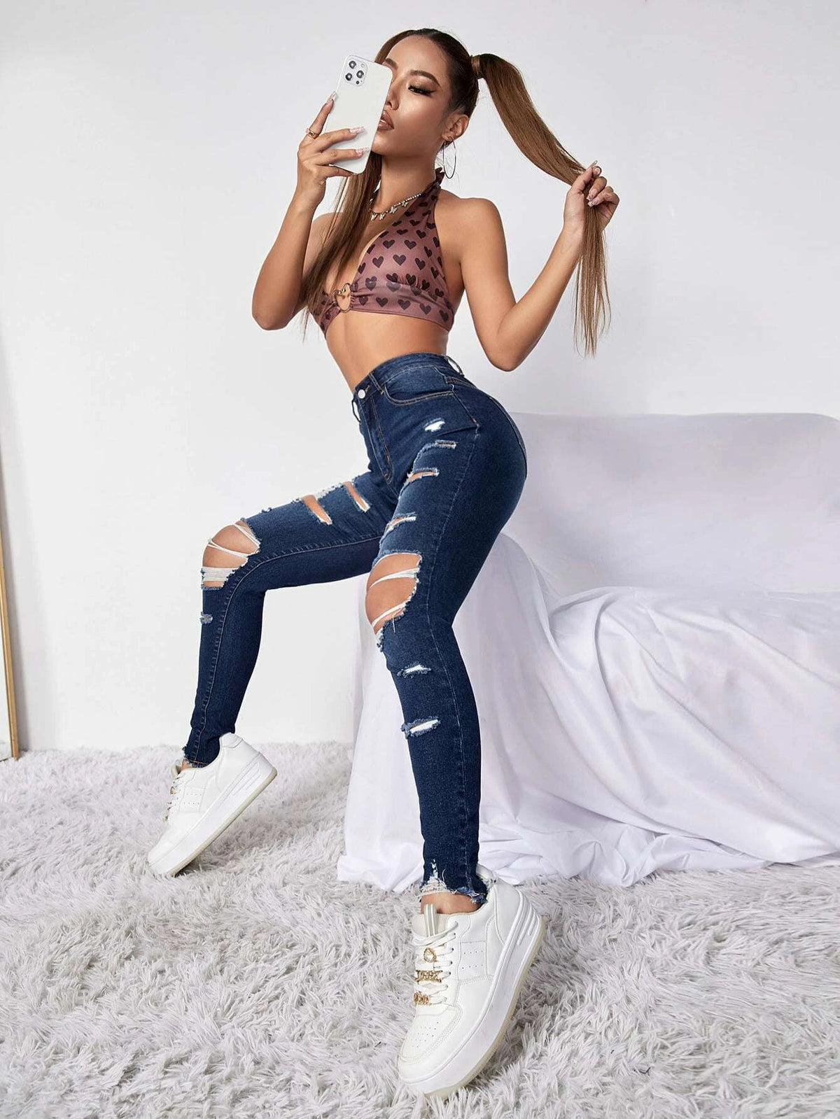 High Waist Ripped Moustache Effect Skinny Jeans