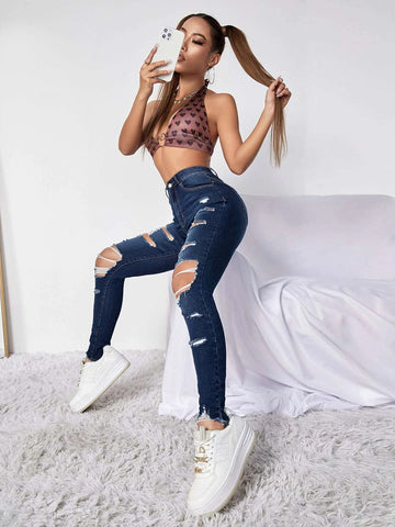 High Waist Ripped Moustache Effect Skinny Jeans