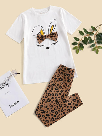 Girls Cartoon Graphic Bow Detail Top & Leopard Leggings Set