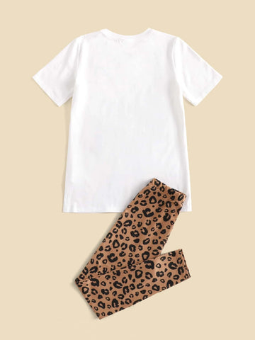Girls Cartoon Graphic Bow Detail Top & Leopard Leggings Set