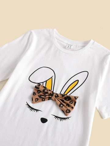 Girls Cartoon Graphic Bow Detail Top & Leopard Leggings Set