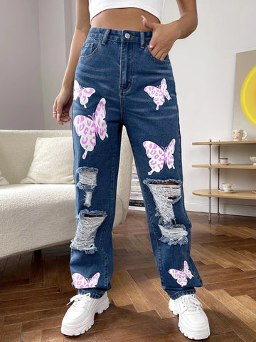 Butterfly Print Ripped Straight Leg Jeans