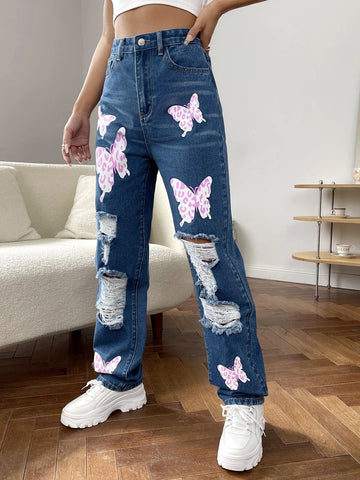Butterfly Print Ripped Straight Leg Jeans
