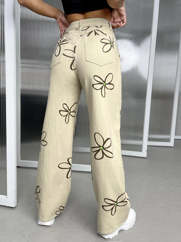 Floral Print Wide Leg Jeans