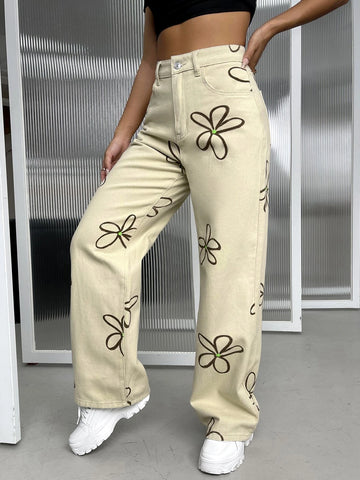 Floral Print Wide Leg Jeans