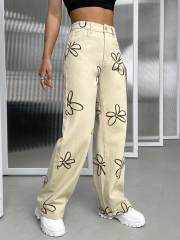 Floral Print Wide Leg Jeans