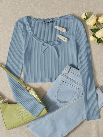 Lace Trim Bow Front Rib-knit Tee