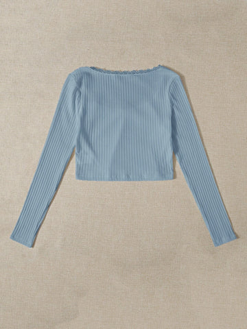 Lace Trim Bow Front Rib-knit Tee