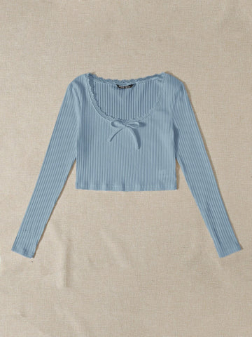 Lace Trim Bow Front Rib-knit Tee