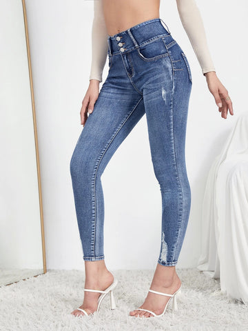 Button Detail Ripped Skinny Jeans
