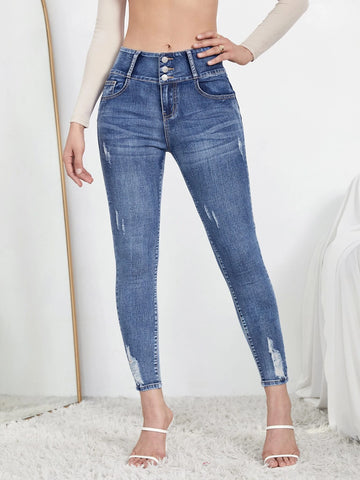 Button Detail Ripped Skinny Jeans
