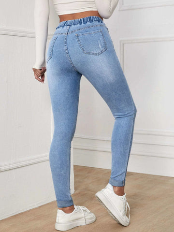 Elastic Waist Slant Pocket Jeans