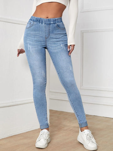 Elastic Waist Slant Pocket Jeans