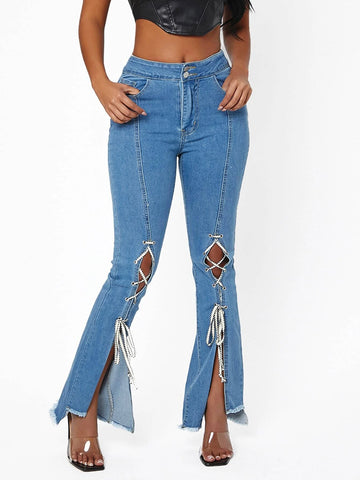 Lace Up Raw Hem Flared Leg Jeans