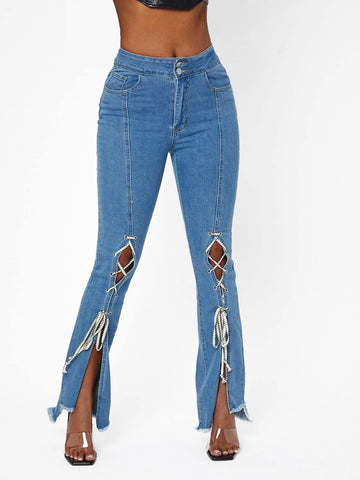 Lace Up Raw Hem Flared Leg Jeans