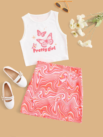 Teen Girls Slogan & Butterfly Print Tank Top & Marble Print Skirt Set
