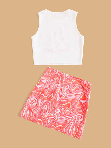 Teen Girls Slogan & Butterfly Print Tank Top & Marble Print Skirt Set
