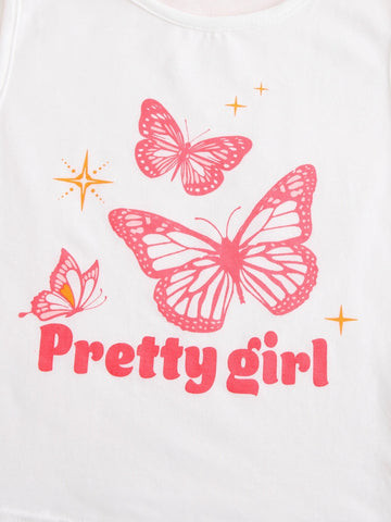 Teen Girls Slogan & Butterfly Print Tank Top & Marble Print Skirt Set