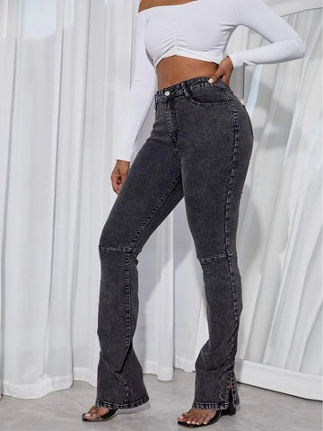 Ruched Split Hem Flare Leg Jeans
