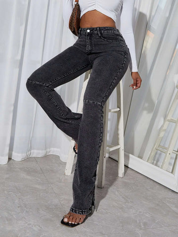 Ruched Split Hem Flare Leg Jeans