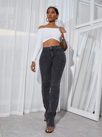 Ruched Split Hem Flare Leg Jeans