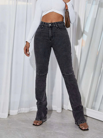 Ruched Split Hem Flare Leg Jeans